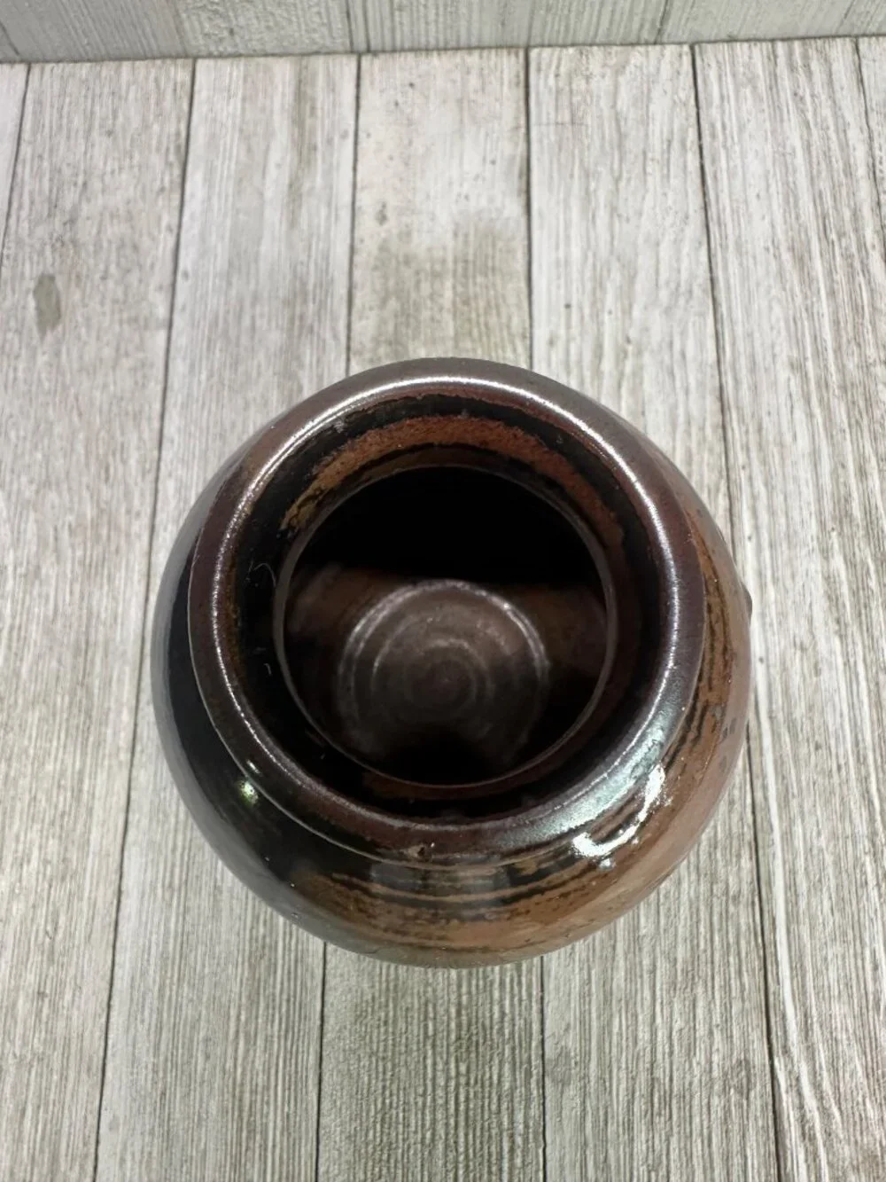 Vtg 4.5 inch Vase Stoneware Pottery Ceramic Dark Brown Galaxy Glaze MCM